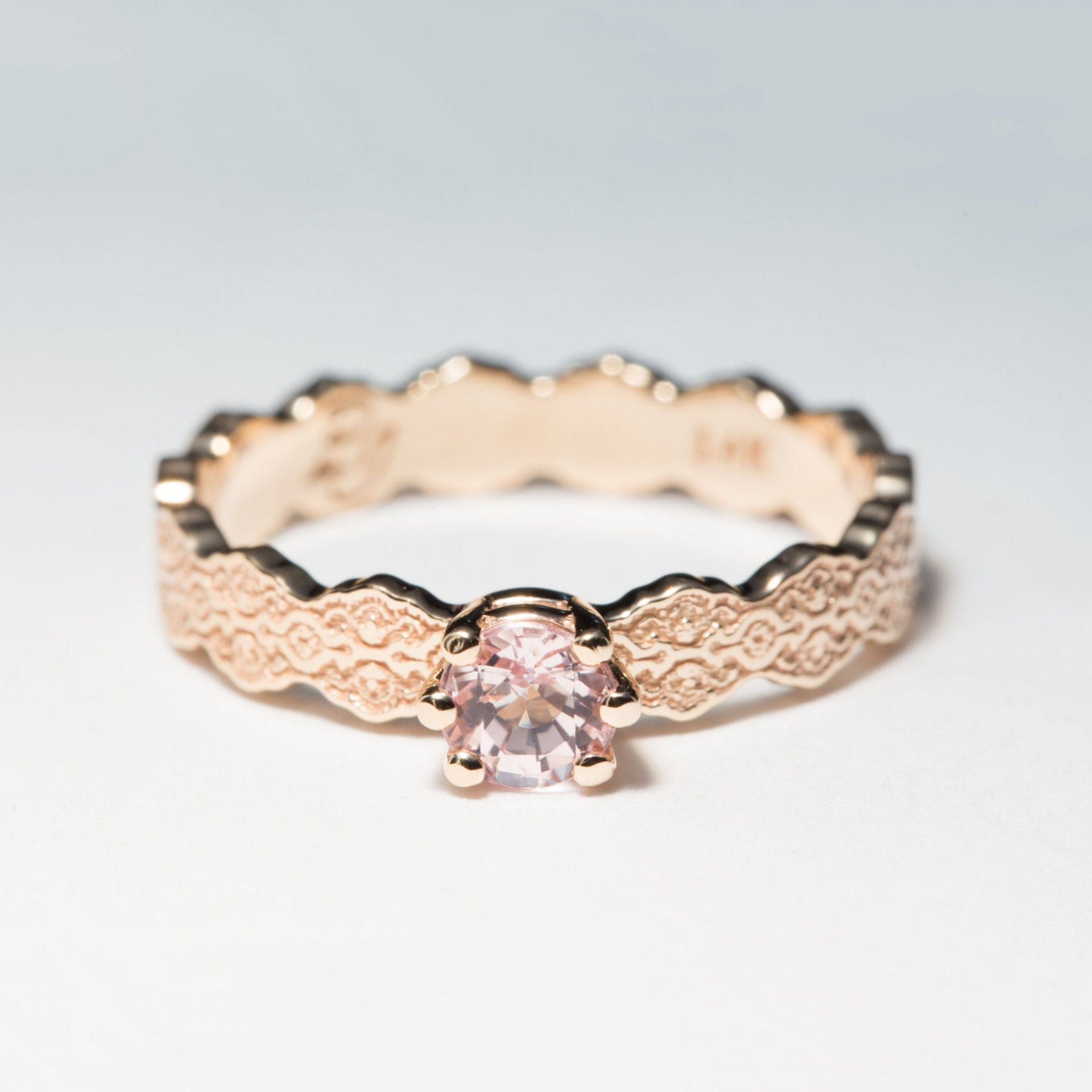 Aria Solitaire Lace Ring with a Pink Morganite with blue sapphire