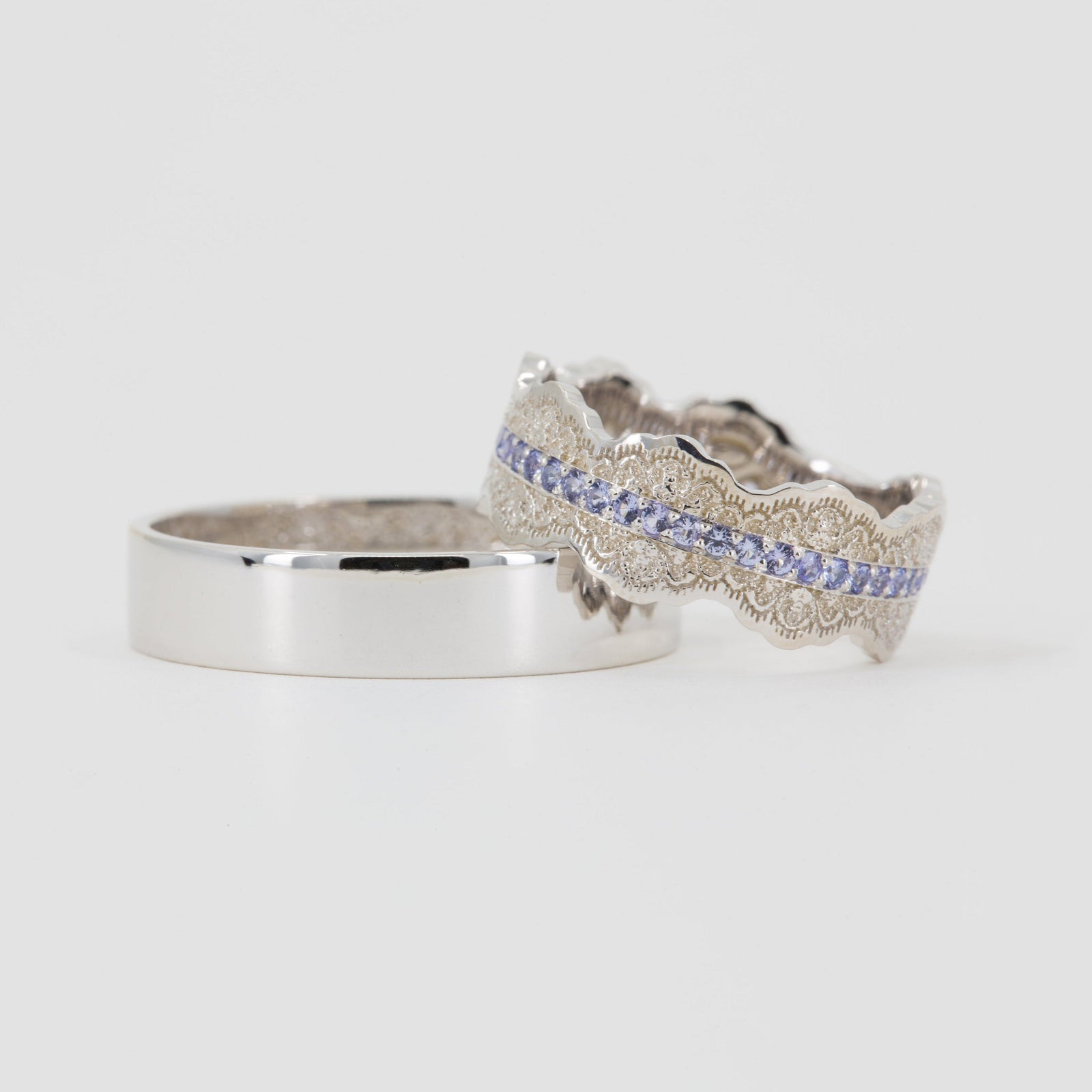 Couples Matching Esme Lace Wedding Ring Set with Tanzanite Gemstones in 14K Yellow Gold