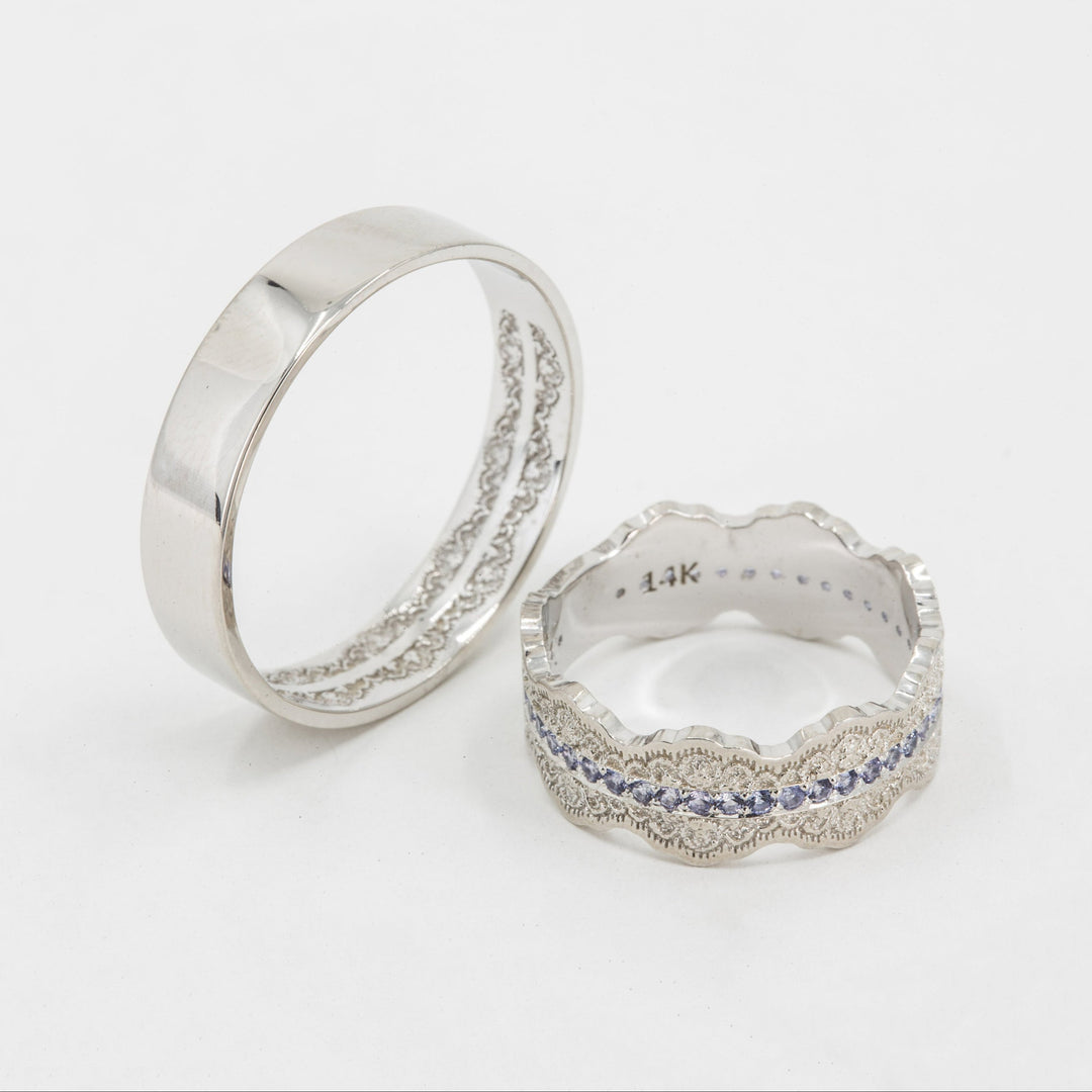 Couples Matching Esme Lace Wedding Ring Set with Tanzanite Gemstones