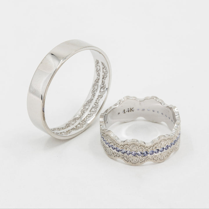 Couples Matching Esme Lace Wedding Ring Set with Tanzanite Gemstones