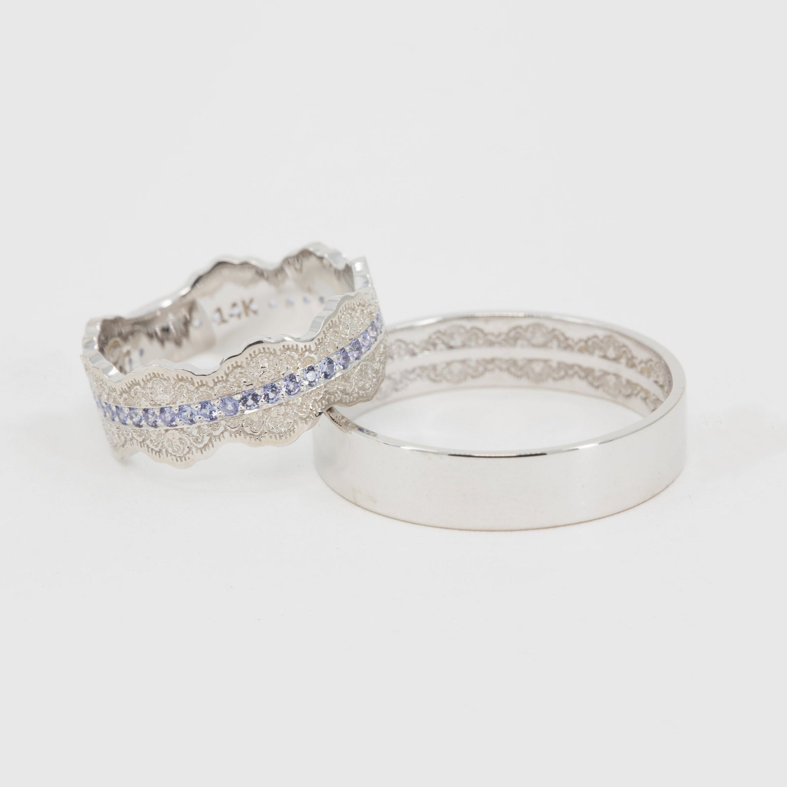 Couples Matching Esme Lace Wedding Ring Set with Tanzanite Gemstones in 14K Yellow Gold – view 2