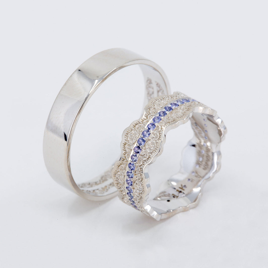 Couples Matching Esme Lace Wedding Ring Set with Tanzanite Gemstones