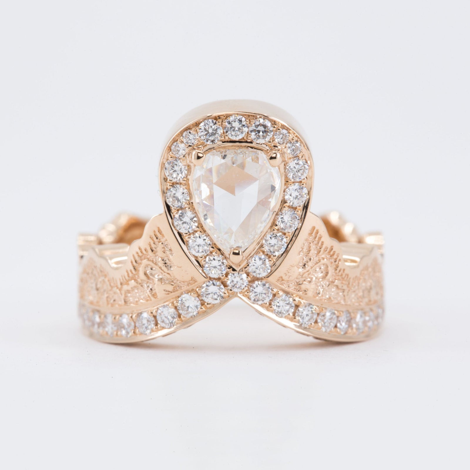 0.52ct Rose Cut Pear Diamond Ring in 14K Rose Gold with a Matching Pink Sapphire and Diamond Ring in 14K White Gold – view 2