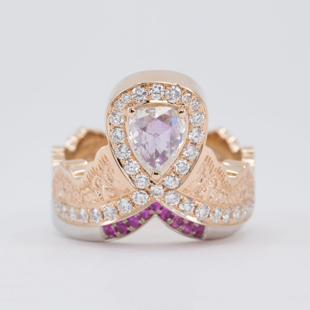 0.52ct Rose Cut Pear Diamond Ring in 14K Rose Gold with a Matching Pink Sapphire and Diamond Ring in 14K White Gold - Size 6