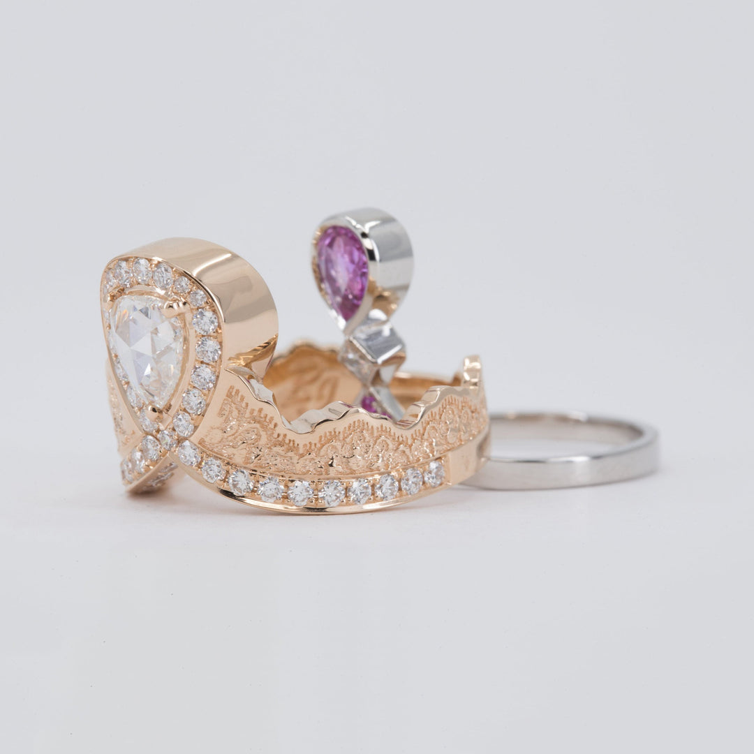 0.52ct Rose Cut Pear Diamond Ring in 14K Rose Gold with a Matching Pink Sapphire and Diamond Ring in 14K White Gold - Size 6