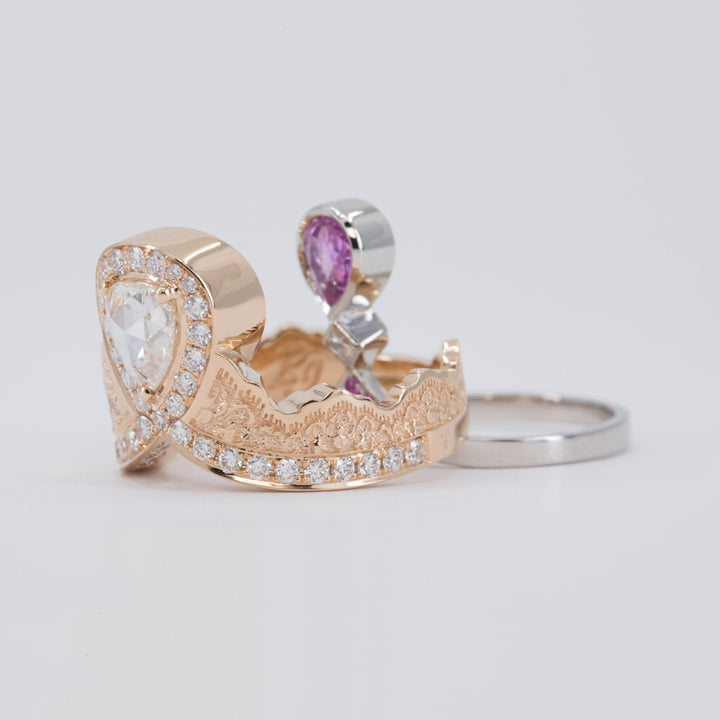 0.52ct Rose Cut Pear Diamond Ring in 14K Rose Gold with a Matching Pink Sapphire and Diamond Ring in 14K White Gold - Size 6