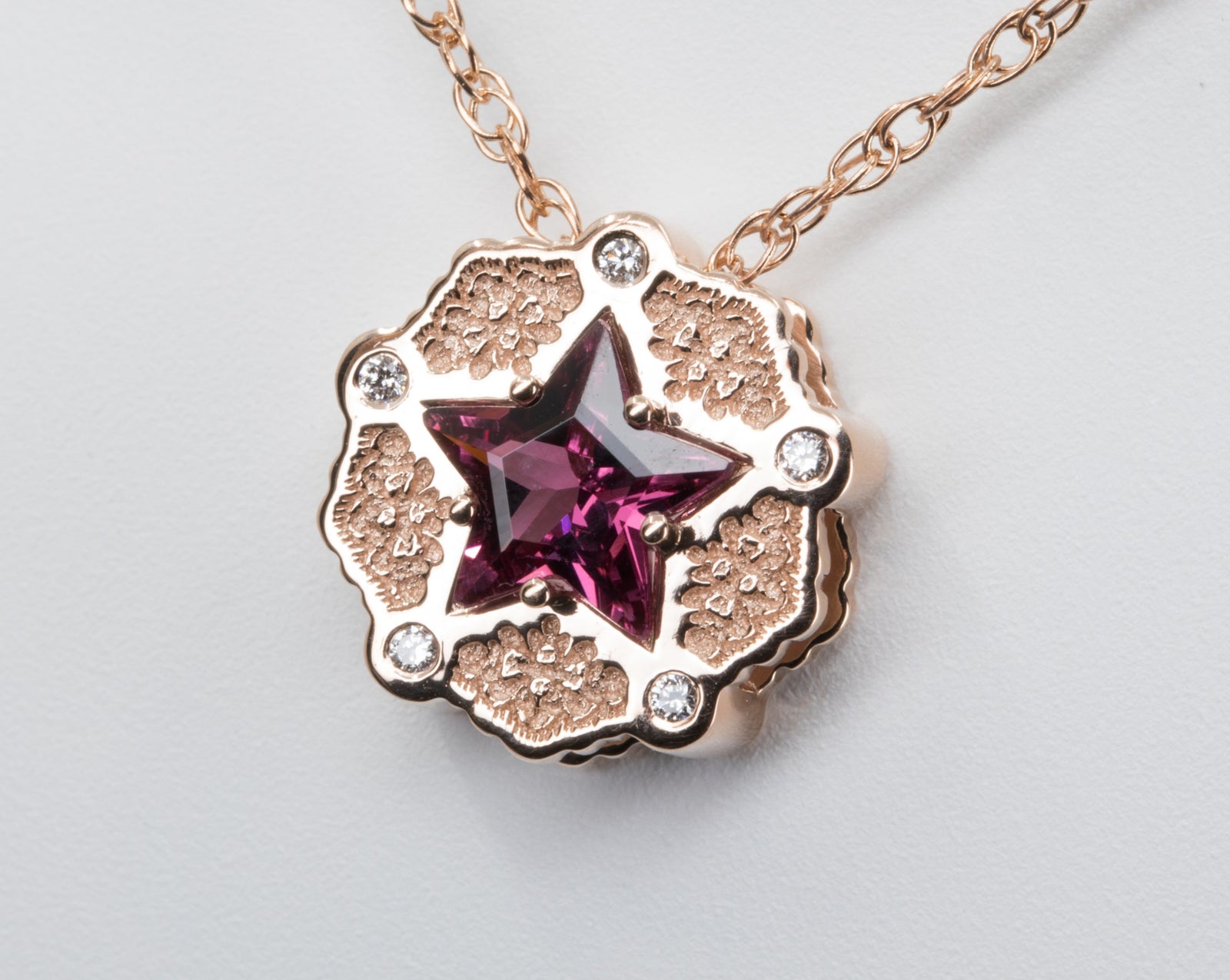 14K Rose Gold Lace Pendant with Rhodolite Garnet Star and Diamonds – view 2
