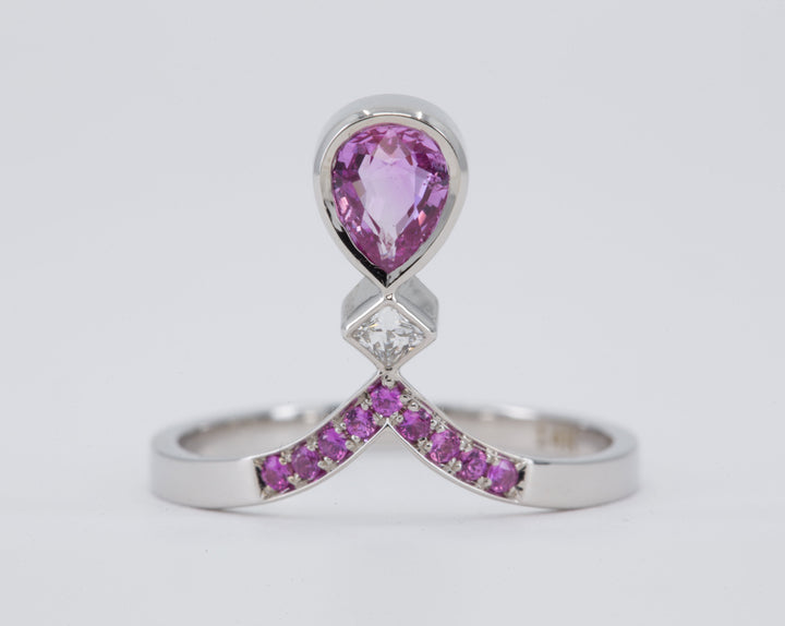 0.52ct Rose Cut Pear Diamond Ring in 14K Rose Gold with a Matching Pink Sapphire and Diamond Ring in 14K White Gold - Size 6