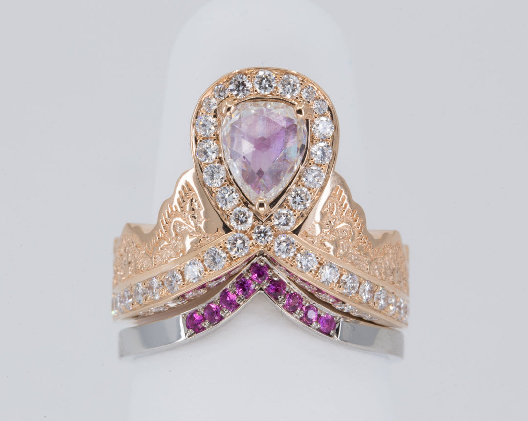 0.52ct Rose Cut Pear Diamond Ring in 14K Rose Gold with a Matching Pink Sapphire and Diamond Ring in 14K White Gold - Size 6