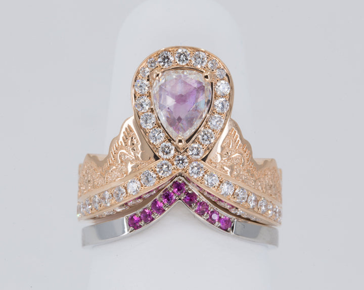 0.52ct Rose Cut Pear Diamond Ring in 14K Rose Gold with a Matching Pink Sapphire and Diamond Ring in 14K White Gold - Size 6