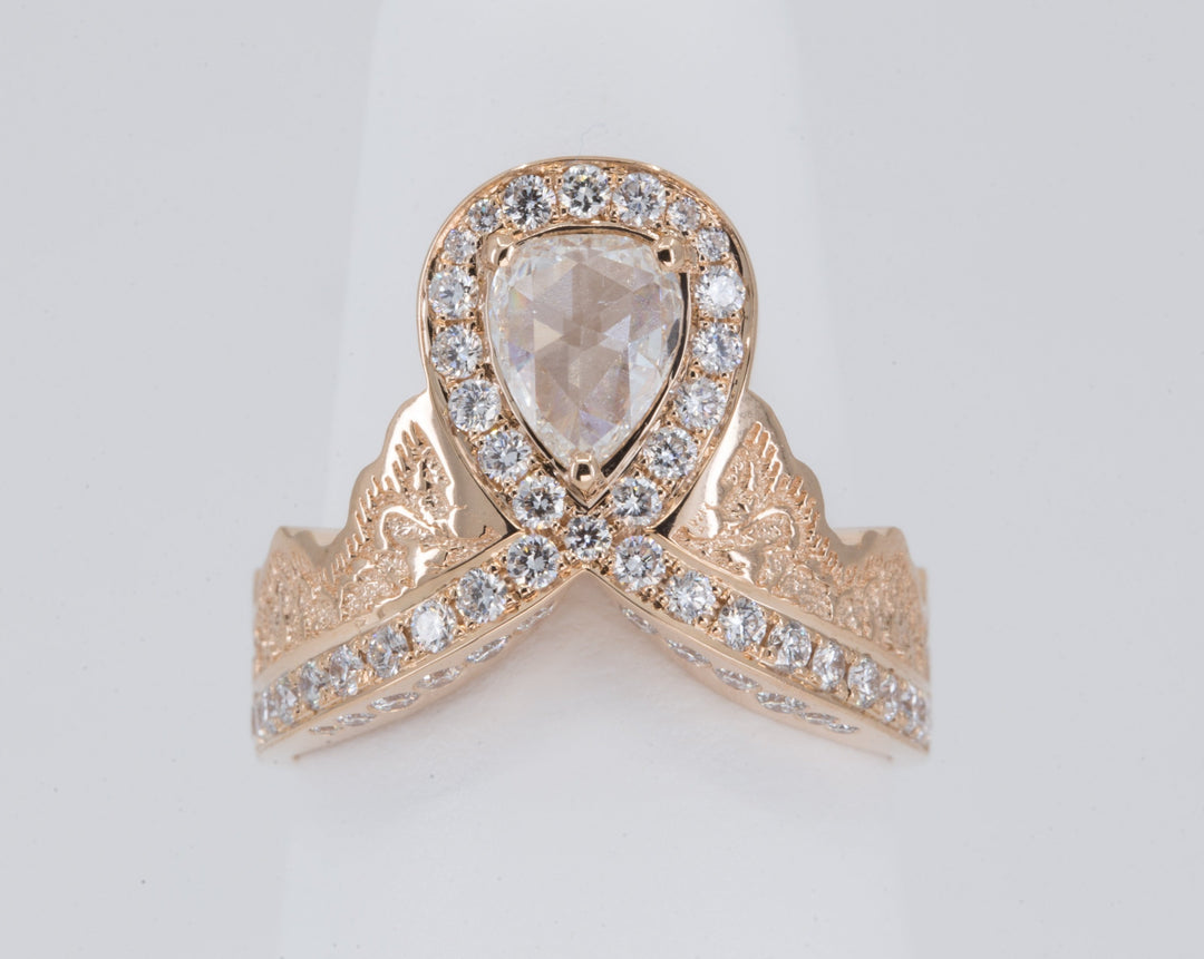 0.52ct Rose Cut Pear Diamond Ring in 14K Rose Gold with a Matching Pink Sapphire and Diamond Ring in 14K White Gold - Size 6