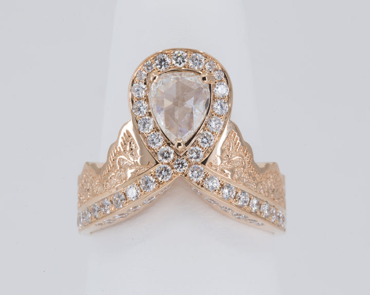 0.52ct Rose Cut Pear Diamond Ring in 14K Rose Gold with a Matching Pink Sapphire and Diamond Ring in 14K White Gold - Size 6