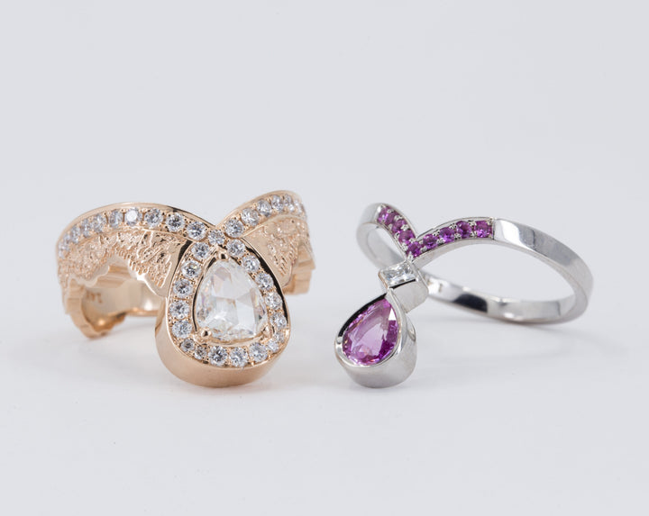 0.52ct Rose Cut Pear Diamond Ring in 14K Rose Gold with a Matching Pink Sapphire and Diamond Ring in 14K White Gold - Size 6