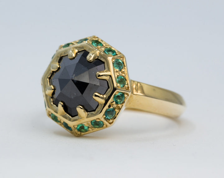 1.80 ct Black Octagon Diamond and Emerald Engagement Ring in 14K Yellow Gold - Size 5.5