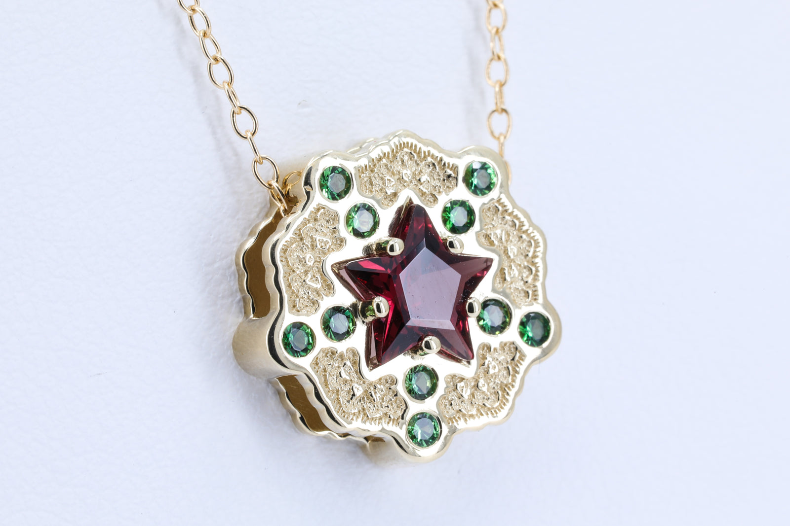 14K Yellow Gold Lace Pendant with Rhodolite Garnet Star and Tourmalines – view 2