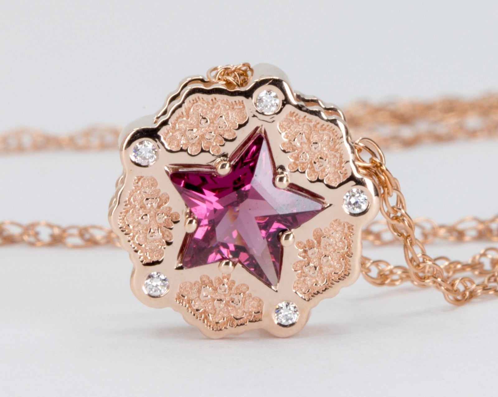 14K Rose Gold Lace Pendant with Rhodolite Garnet Star and Diamonds