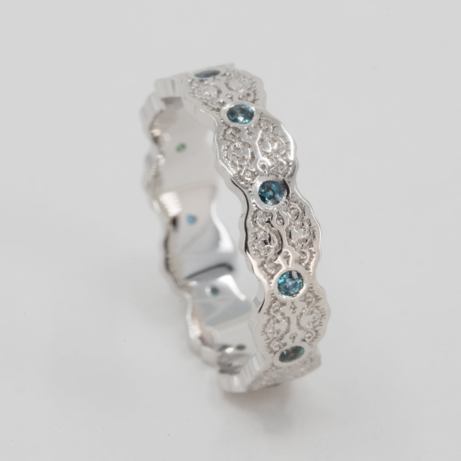 Aria Lace Wedding Ring with Alexandrites in 14k White Gold – view 2
