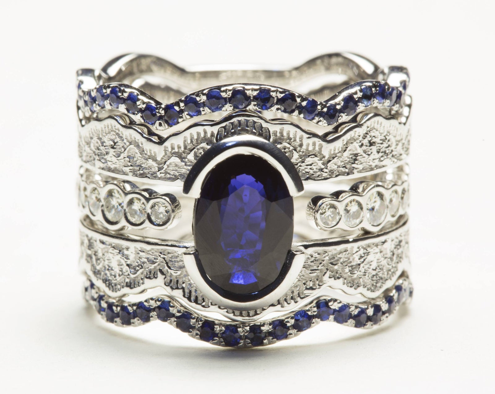 Blue Sapphire and Diamond Lace Engagement Ring Set — Four Rings, 12mm