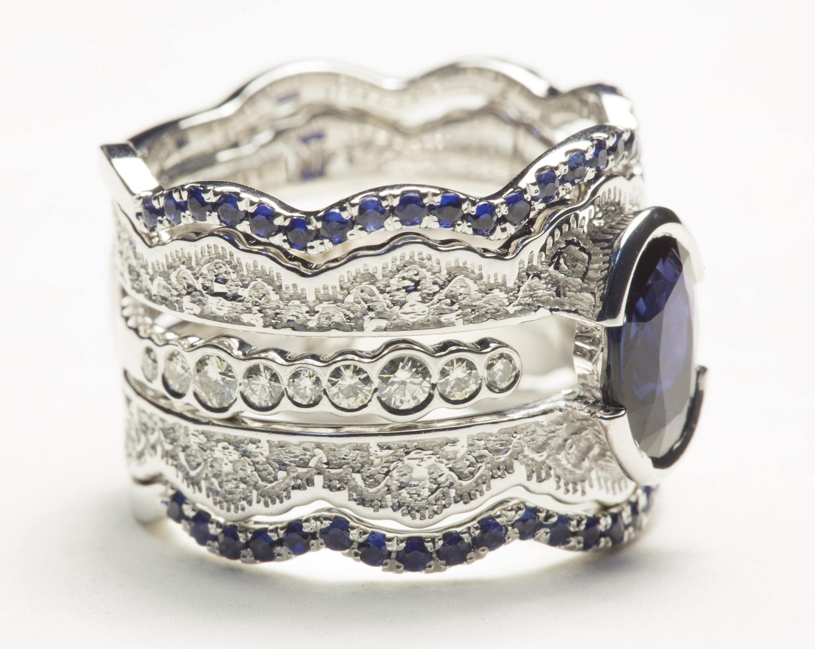 Blue Sapphire and Diamond Lace Engagement Ring Set — Four Rings, 12mm – view 2