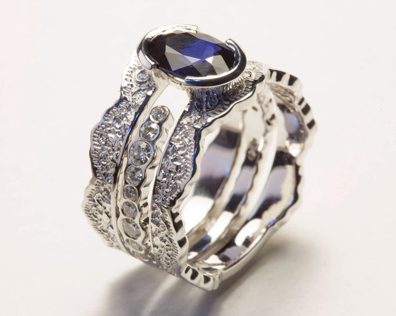 Blue Sapphire and Diamond Lace Engagement Ring Set — Two Rings, 10mm