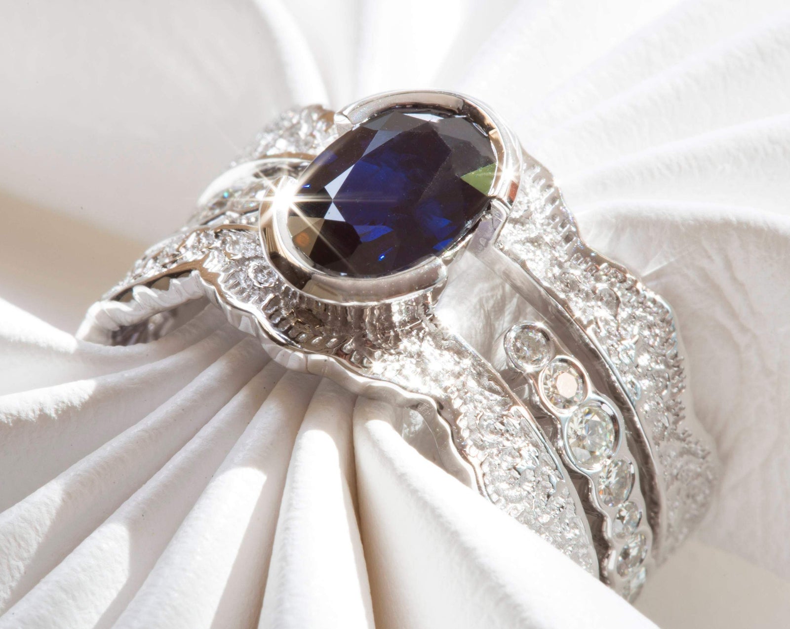 Blue Sapphire and Diamond Lace Engagement Ring Set — Two Rings, 10mm – view 2