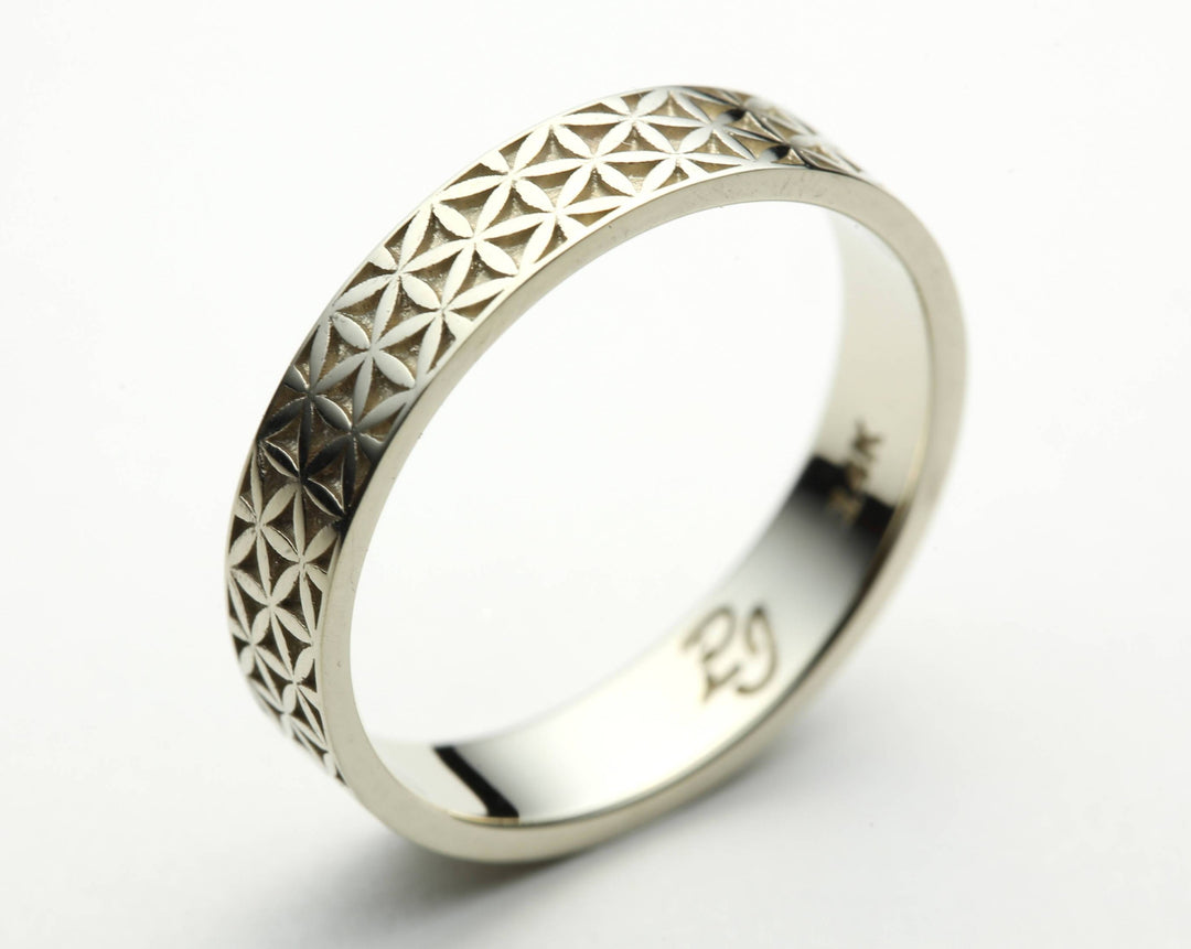 Flower of Life Wedding Ring in 14k White Gold - Size 5.75