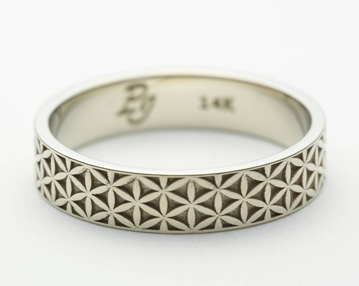 Flower of Life Wedding Ring in 14k White Gold - Size 5.75