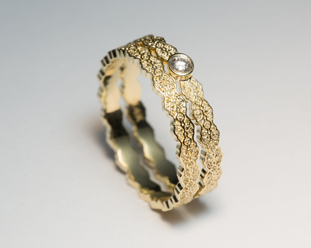 14K Yellow Gold Lace Diamond Engagement and Wedding Ring Set - Size 7
