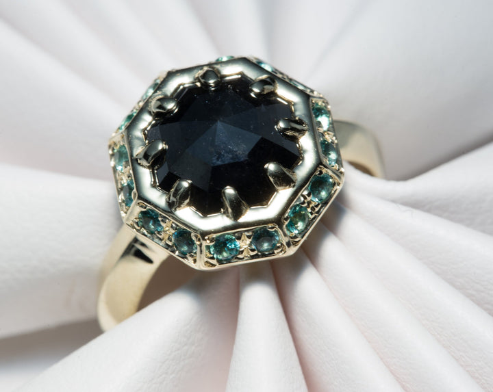 1.80 ct Black Octagon Diamond and Emerald Engagement Ring in 14K Yellow Gold - Size 5.5