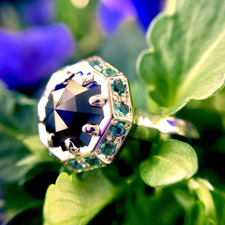 Velora Black Octagonal Diamond and Emerald Halo Engagement Ring – view 2