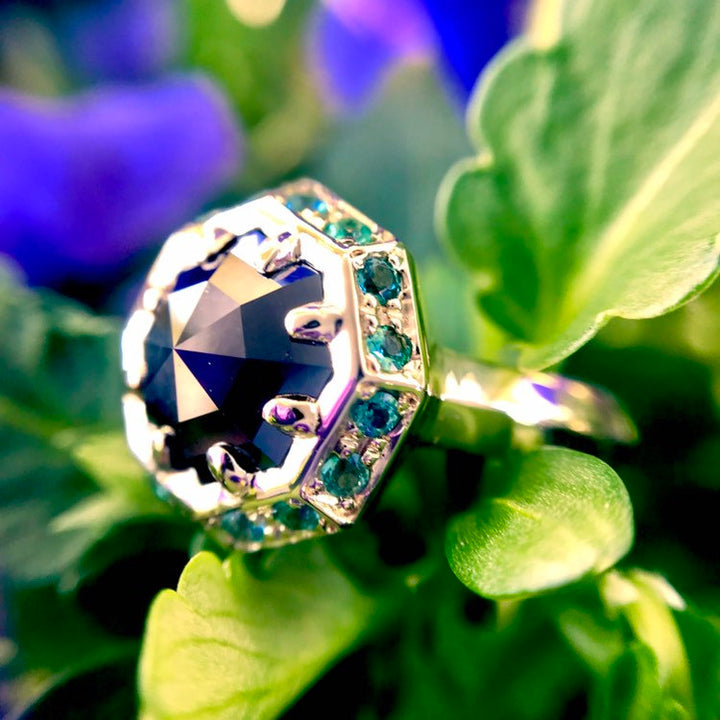1.80 ct Black Octagon Diamond and Emerald Engagement Ring in 14K Yellow Gold - Size 5.5