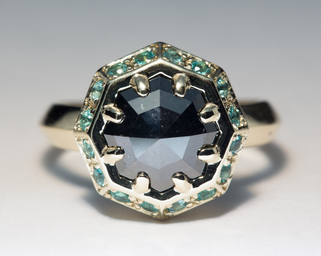 1.80 ct Black Octagon Diamond and Emerald Engagement Ring in 14K Yellow Gold - Size 5.5