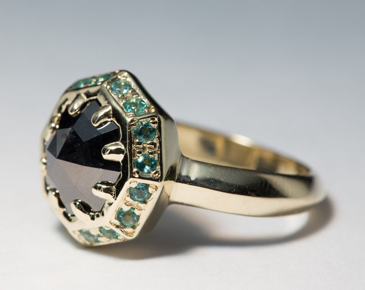 1.80 ct Black Octagon Diamond and Emerald Engagement Ring in 14K Yellow Gold - Size 5.5