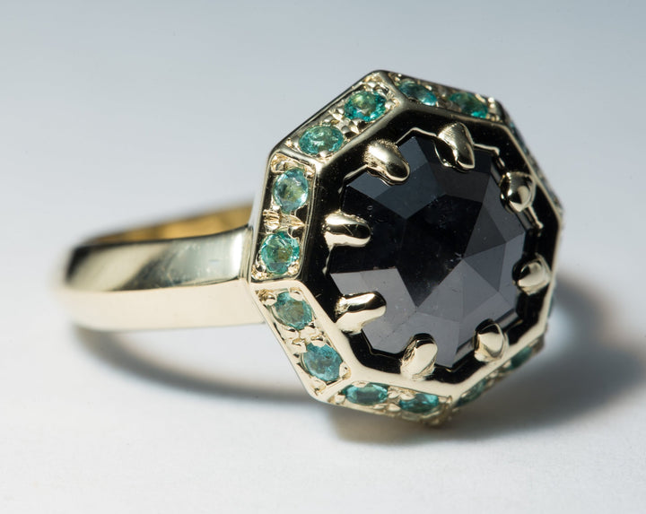 1.80 ct Black Octagon Diamond and Emerald Engagement Ring in 14K Yellow Gold - Size 5.5
