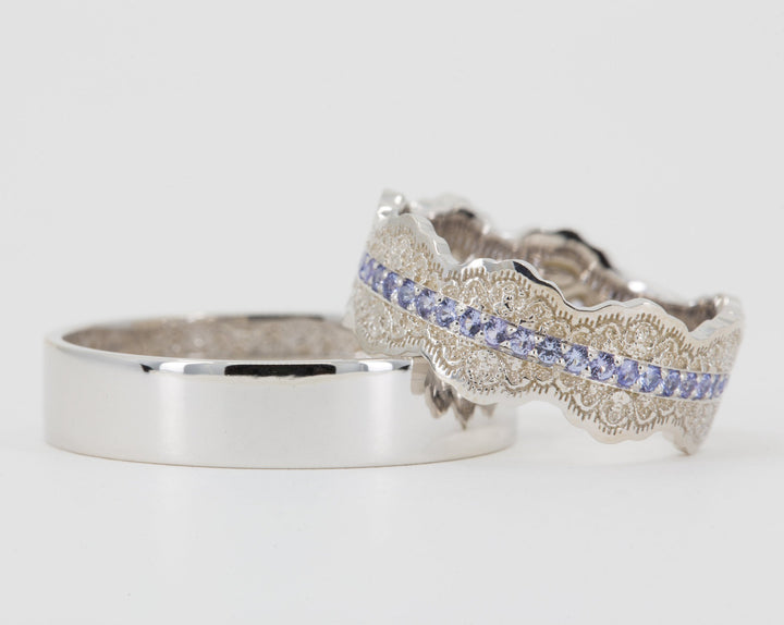 Couples Matching Esme Lace Wedding Ring Set with Tanzanite Gemstones