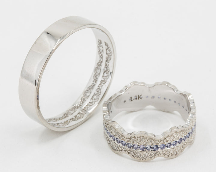 Couples Matching Esme Lace Wedding Ring Set with Tanzanite Gemstones