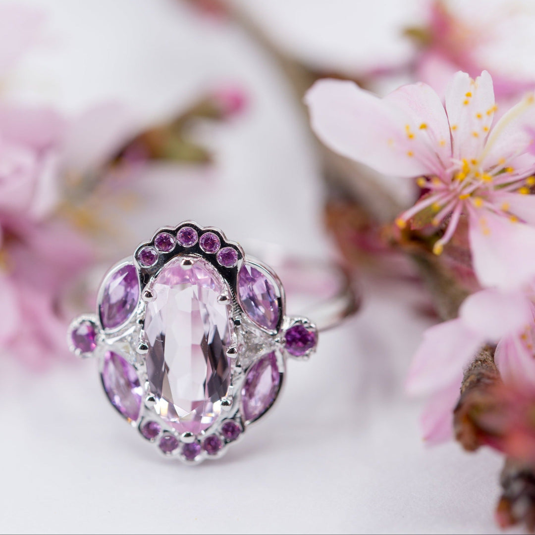1.36ct Unique Morganite Engagement Ring with Pink Sapphires and Diamonds - Size 6.5