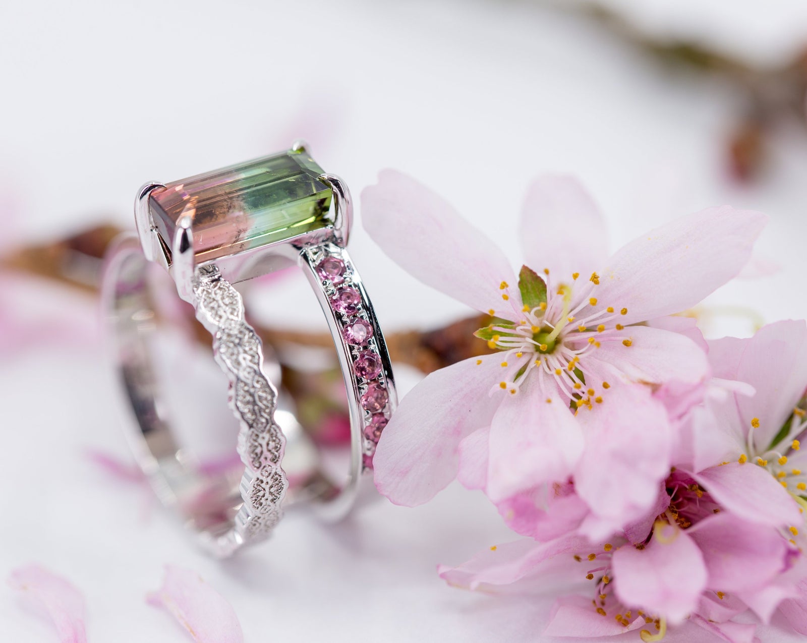 Isla Lace Open Double Band Ring with Watermelon Tourmaline in 14K white gold – view 2
