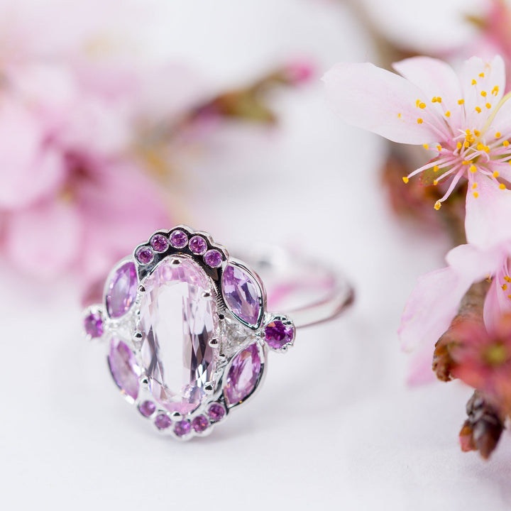 1.36ct Unique Morganite Engagement Ring with Pink Sapphires and Diamonds - Size 6.5