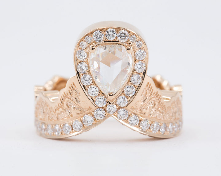 0.52ct Rose Cut Pear Diamond Ring in 14K Rose Gold with a Matching Pink Sapphire and Diamond Ring in 14K White Gold - Size 6