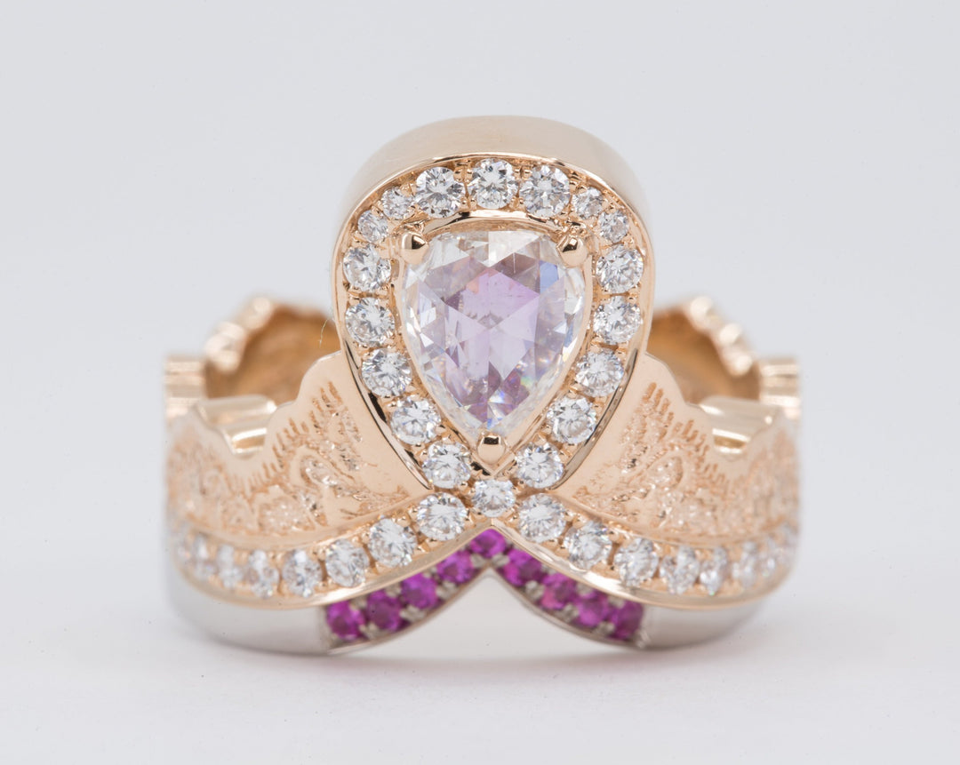 0.52ct Rose Cut Pear Diamond Ring in 14K Rose Gold with a Matching Pink Sapphire and Diamond Ring in 14K White Gold - Size 6