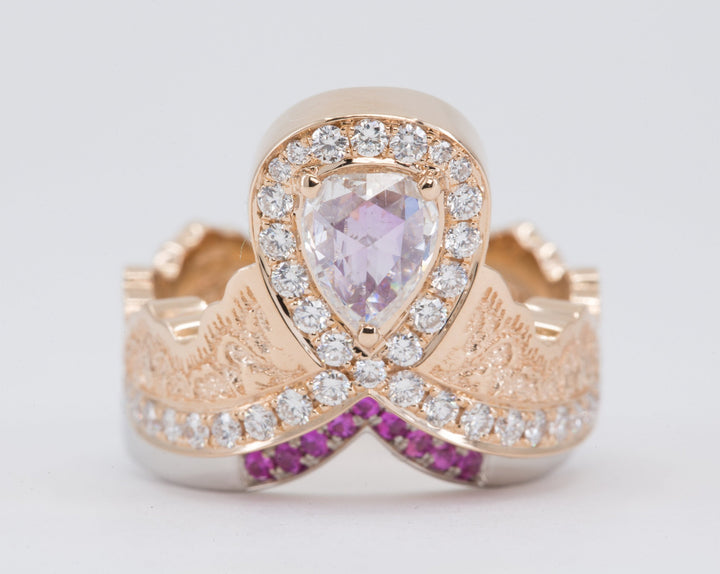 0.52ct Rose Cut Pear Diamond Ring in 14K Rose Gold with a Matching Pink Sapphire and Diamond Ring in 14K White Gold - Size 6
