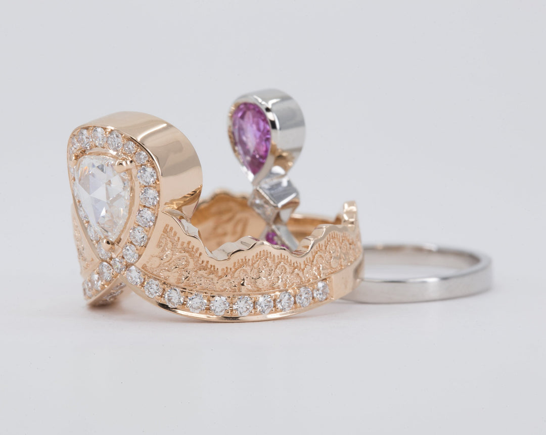 0.52ct Rose Cut Pear Diamond Ring in 14K Rose Gold with a Matching Pink Sapphire and Diamond Ring in 14K White Gold - Size 6
