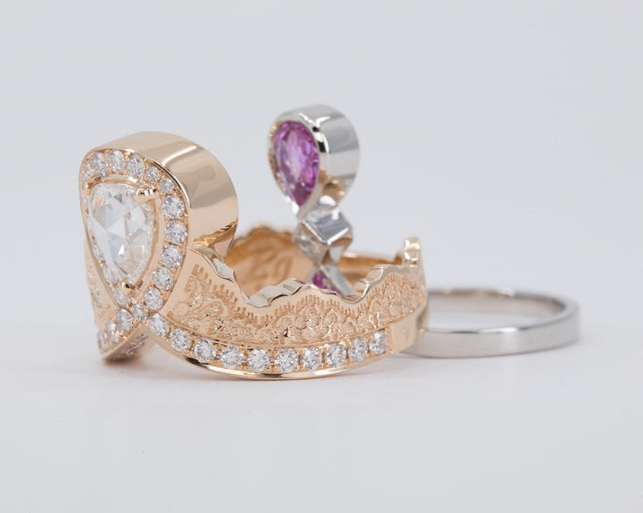 0.52ct Rose Cut Pear Diamond Ring in 14K Rose Gold with a Matching Pink Sapphire and Diamond Ring in 14K White Gold - Size 6