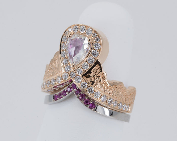 0.52ct Rose Cut Pear Diamond Ring in 14K Rose Gold with a Matching Pink Sapphire and Diamond Ring in 14K White Gold - Size 6