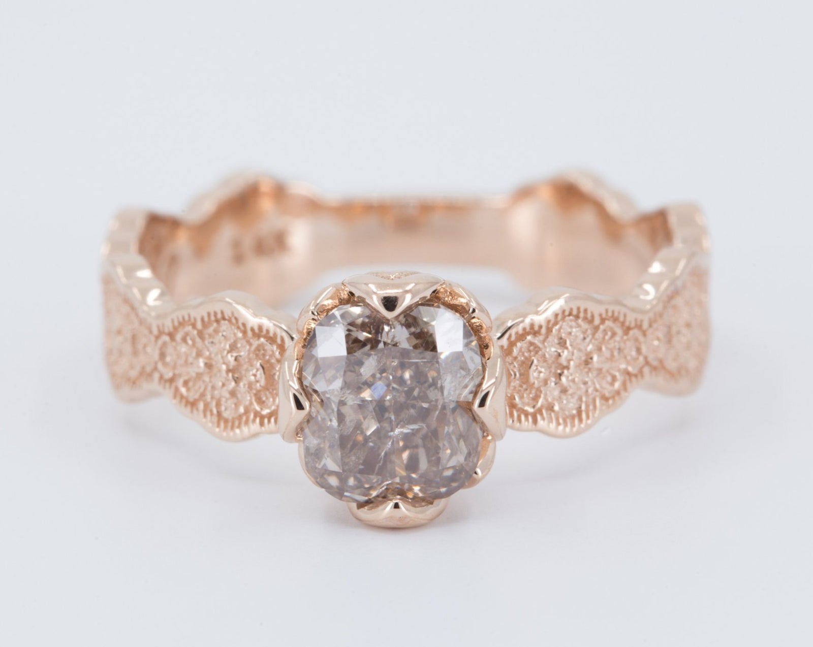 Lace and Floral Engagement Ring - Setting Only in 14K rose gold with champagne diamond
