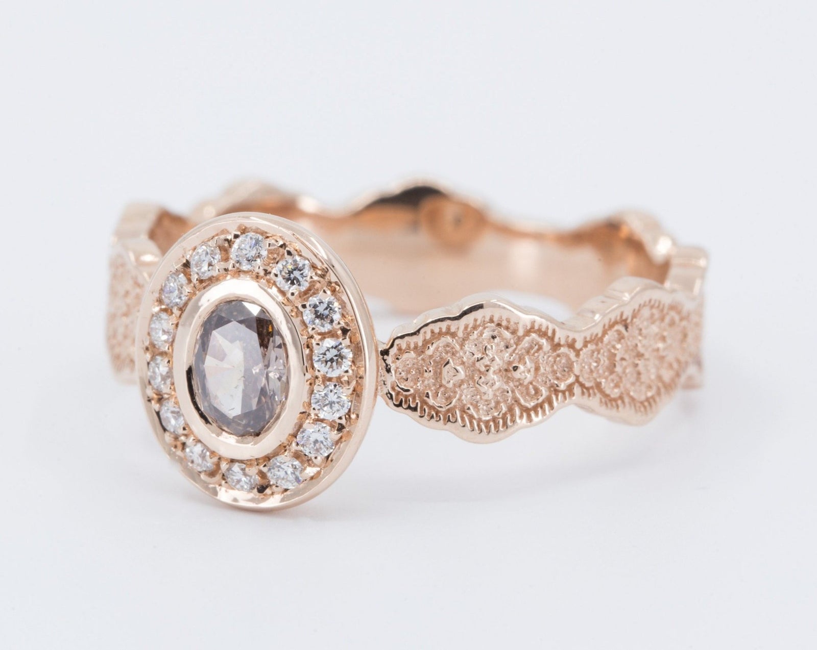 Lace and Diamond Halo Engagement Ring - Setting Only in 14K rose gold – view 2