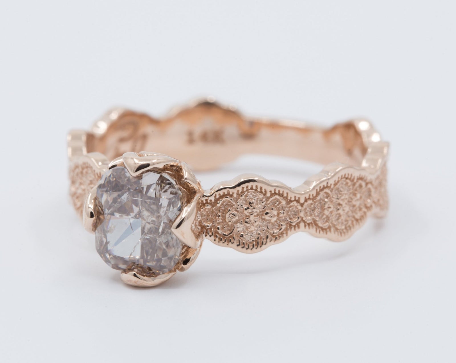 Lace and Floral Engagement Ring - Setting Only in 14K rose gold with champagne diamond – view 2