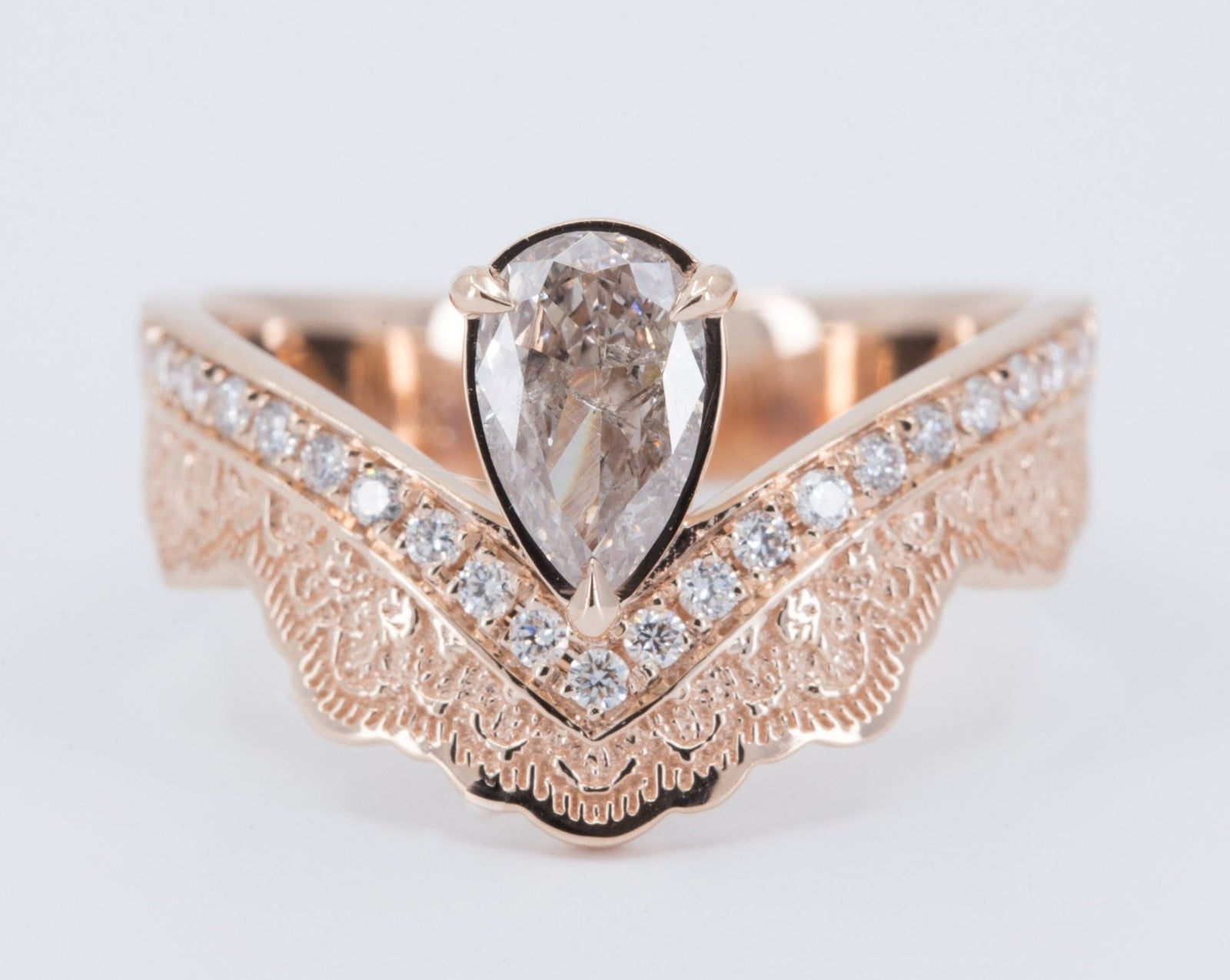 Curved Lace Engagement Ring with Half Eternity Diamonds - Setting Only in 14K rose gold with champagne diamond