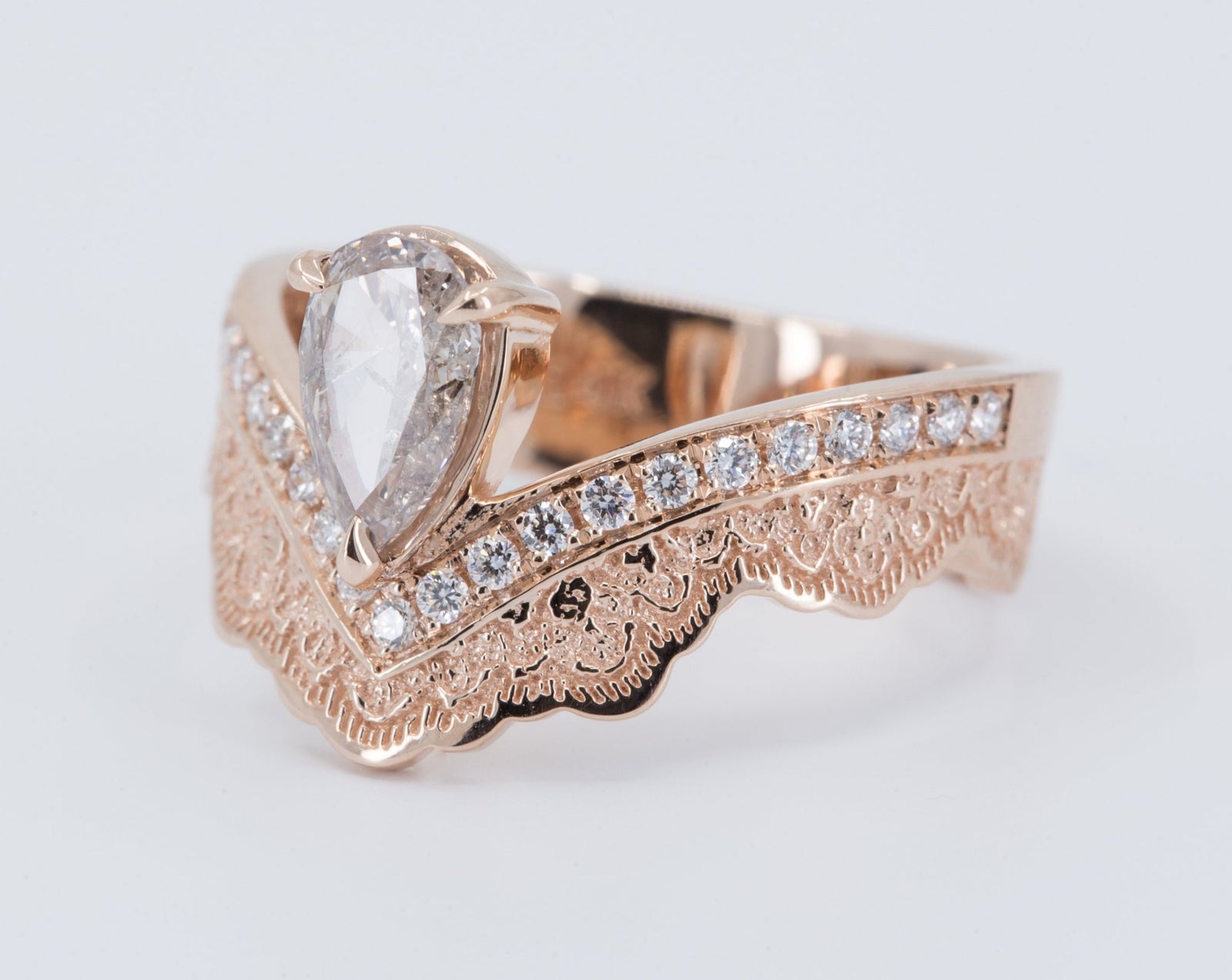 Curved Lace Engagement Ring with Half Eternity Diamonds - Setting Only in 14K rose gold with champagne diamond – view 2